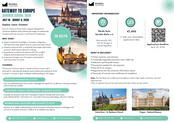 【Short-Term Program】Škoda Auto Vysoká škola Summer School 2026 – Gateway to Europe