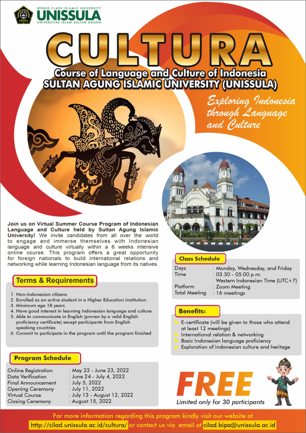 【短期活動】暑假線上課程-印尼文與文化Course of Language and Culture of Indonesia (CULTURA) 2022