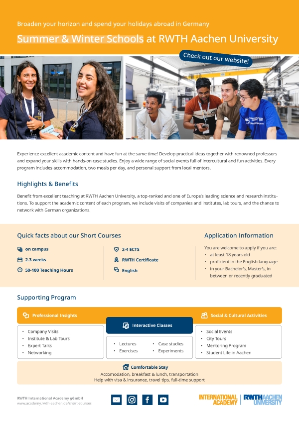 【短期課程】德國亞琛工業大學 RWTH Summer Schools 2026 – open for registration!