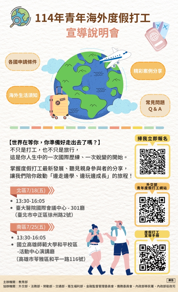 【轉知】教育部-114年青年海外度假打工宣導會